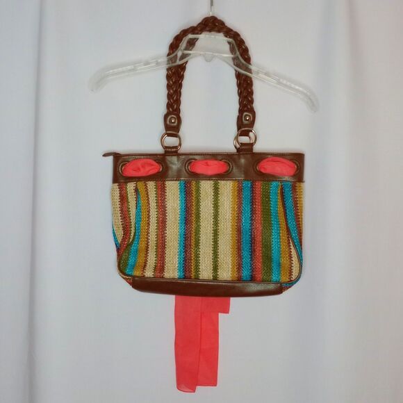 Apt. 9 Leather Woven Tote Bag Colorful Earth Tones Large Purse Pockets Zip Close - Picture 2 of 6